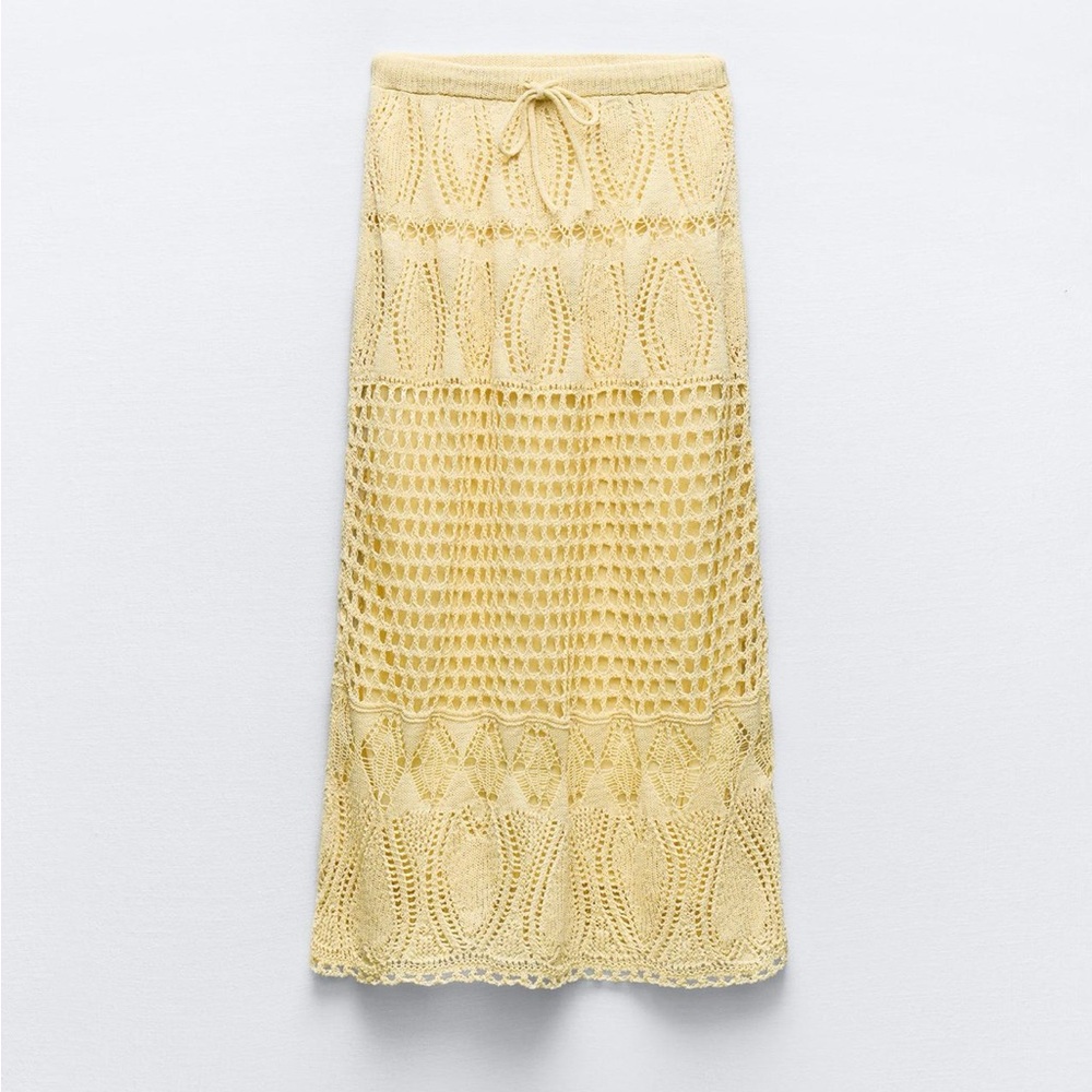 Yellow Pointelle Knit Midi Skirt